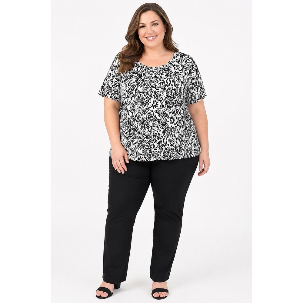 Catherines Suprema Floral Tee 2X Black White Scoop Neck Stretch Plus Size Top